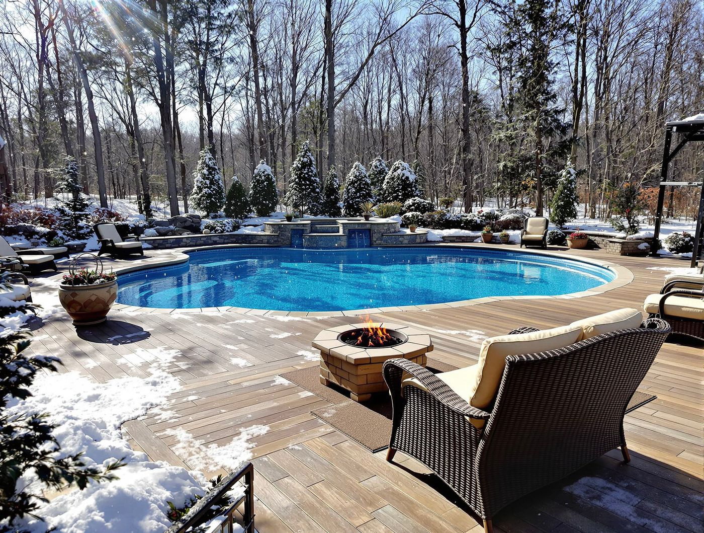 Snow-Dusted Pool with Stone Waterfall