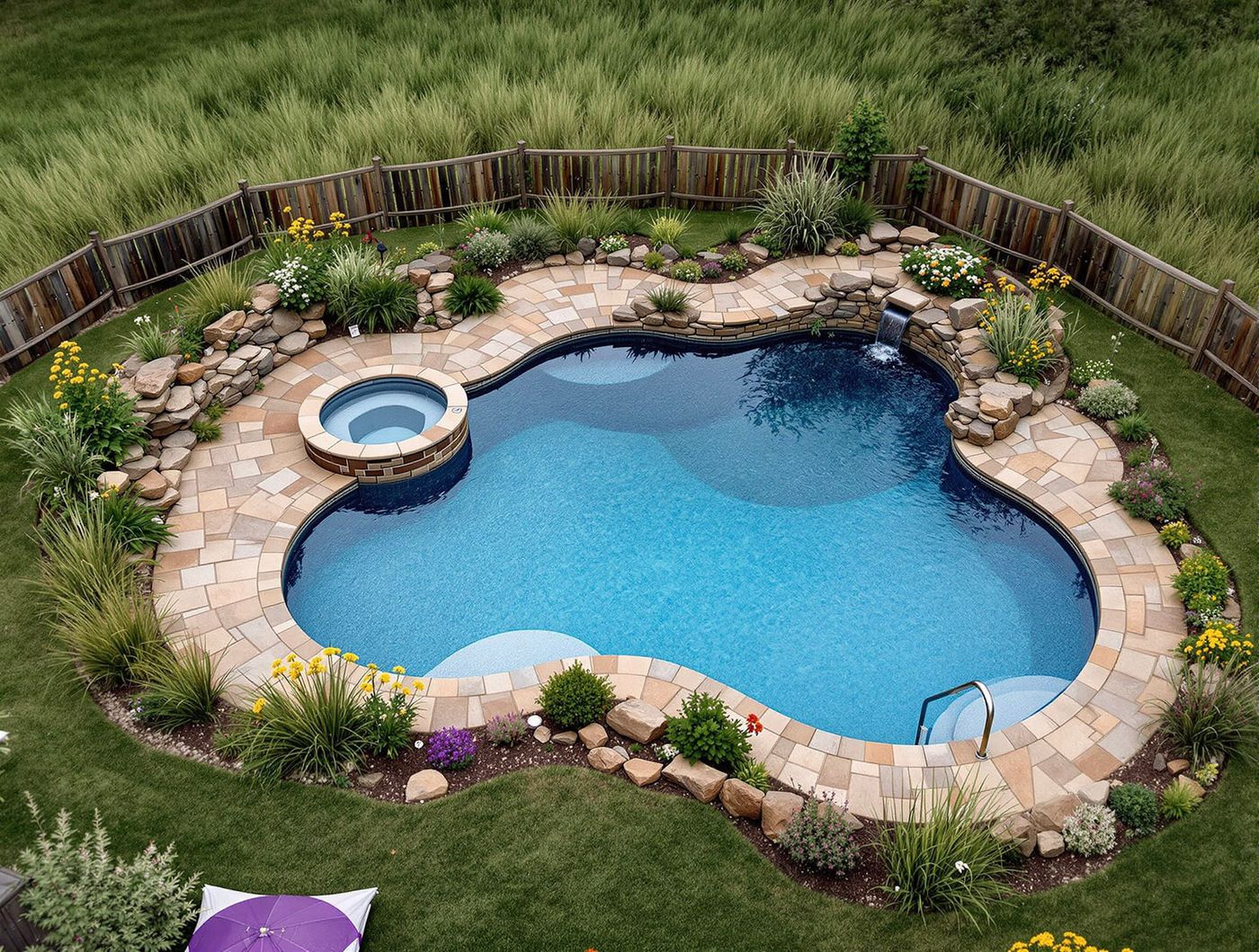 Aerial View of Kidney-Shaped Pool and Spa