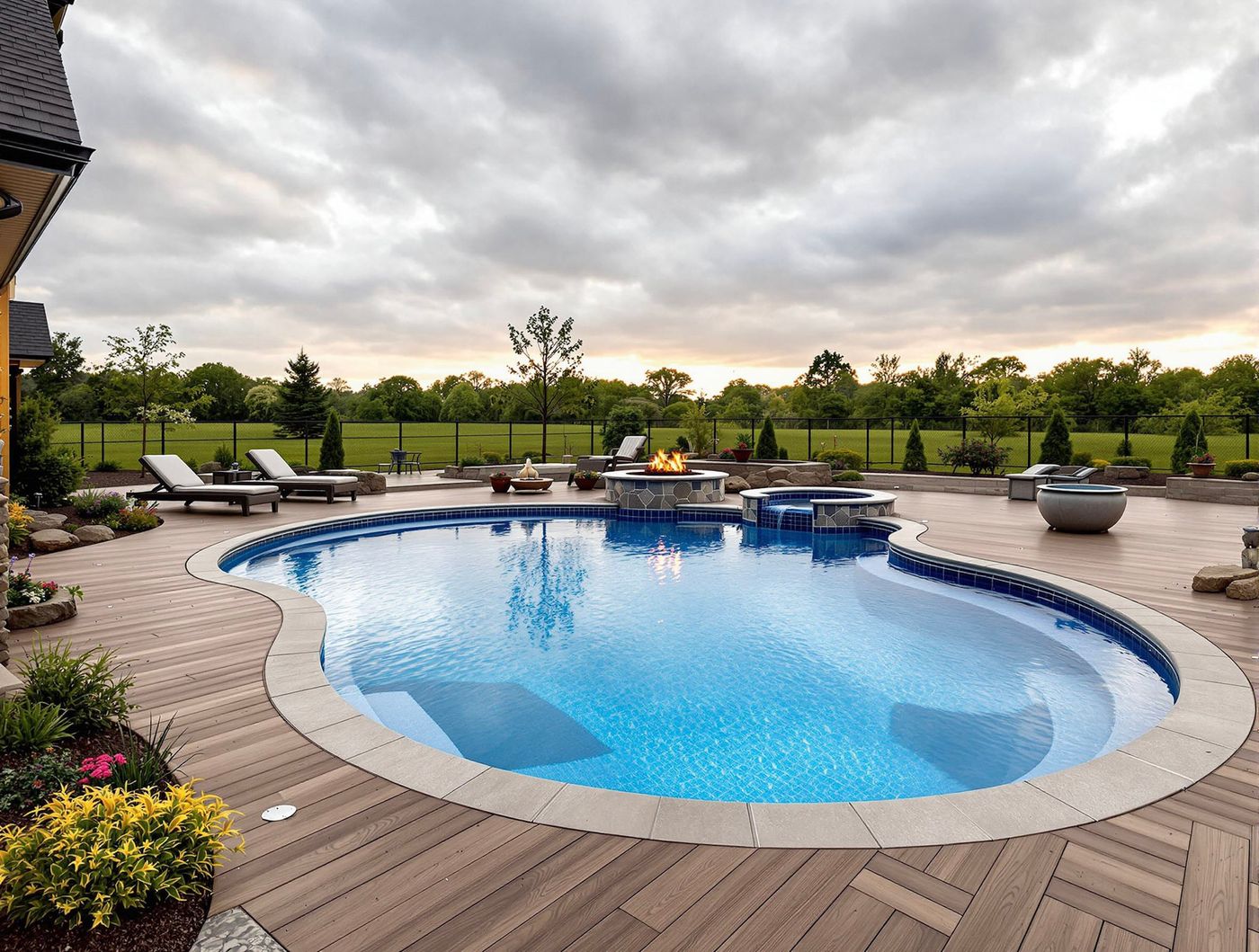 Freeform Pool with Herringbone Wood Deck