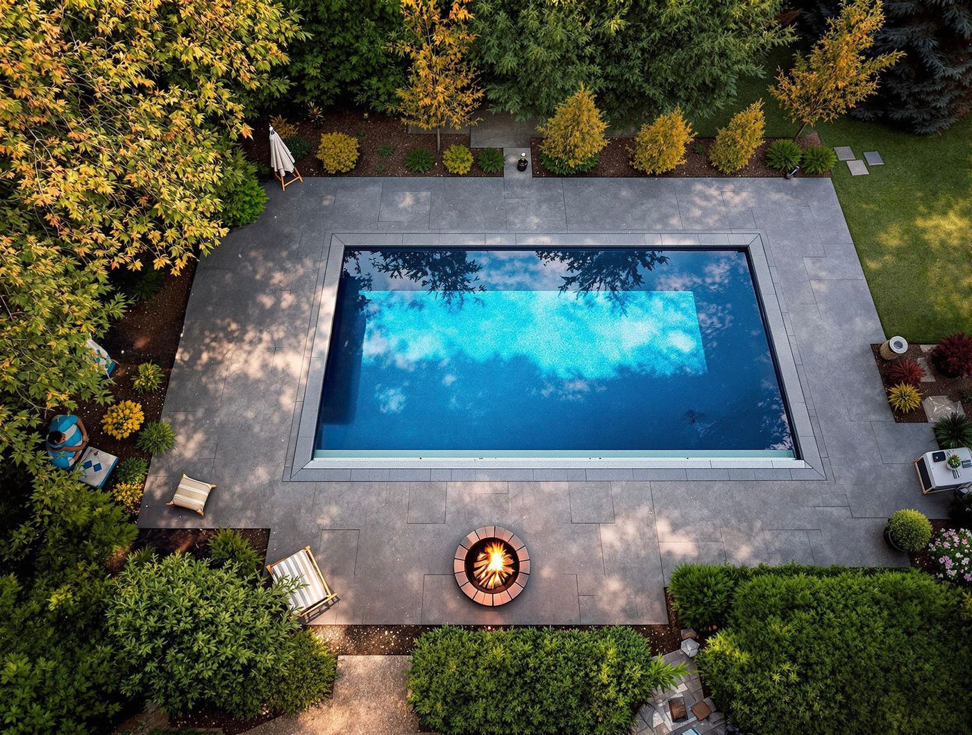Aerial View of Rectangular Pool and Fire Pit
