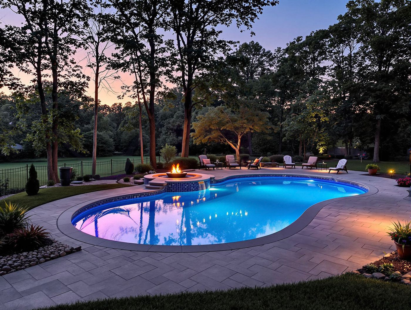 Freeform Pool Glowing at Dusk