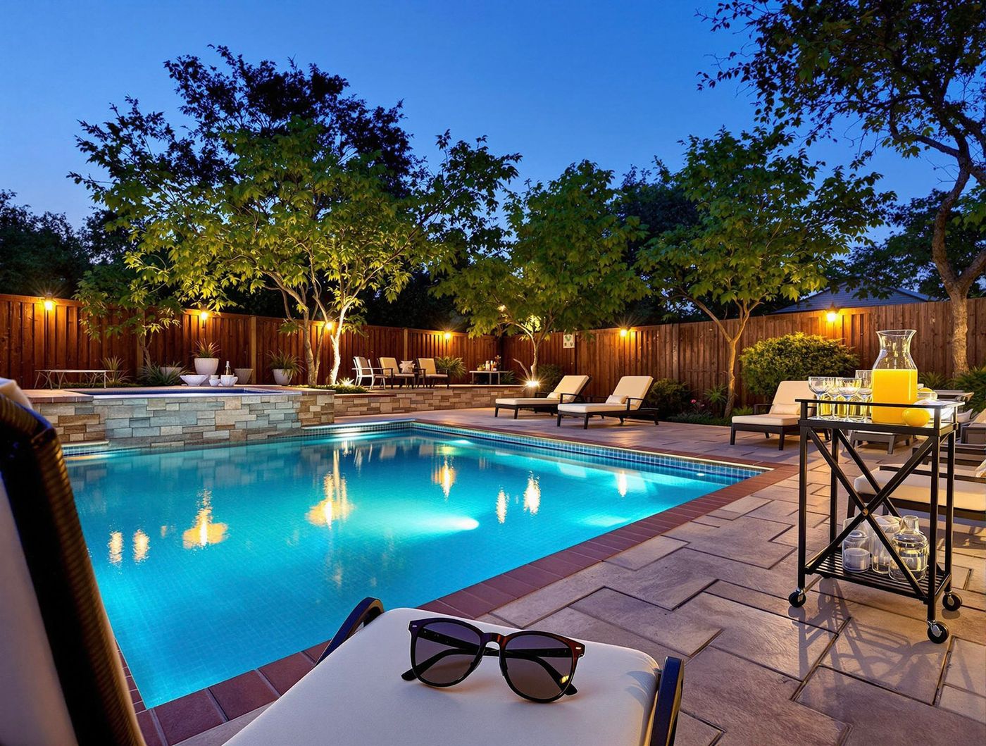 Rectangular Pool with Stone Spa Wall at Night