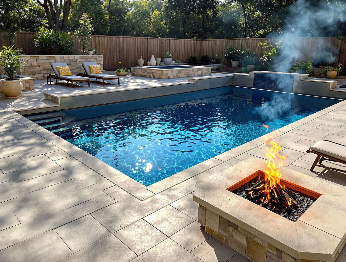 Rectangular Pool with Raised Spa and Fire Pit