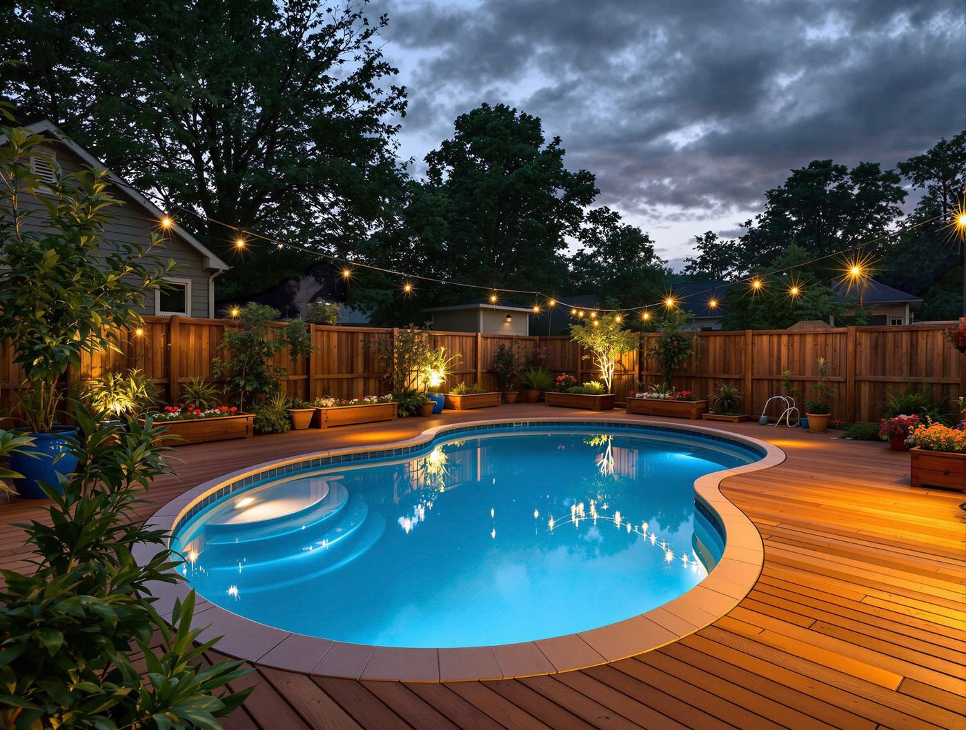 Freeform Pool with String Lights at Dusk