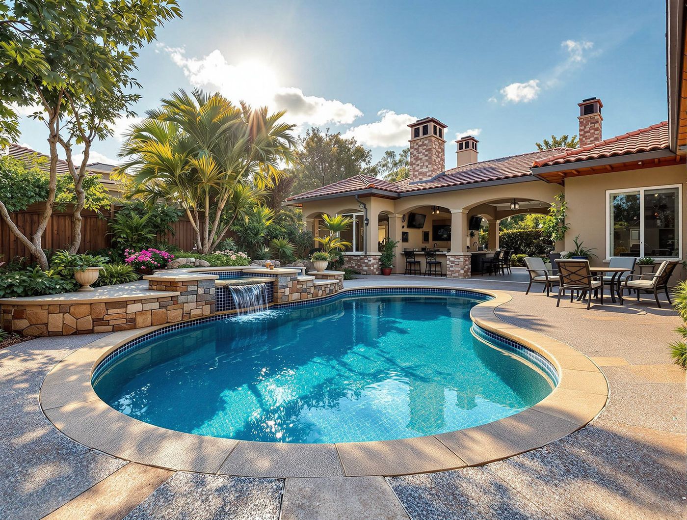 Freeform Pool with Spanish Tile Home