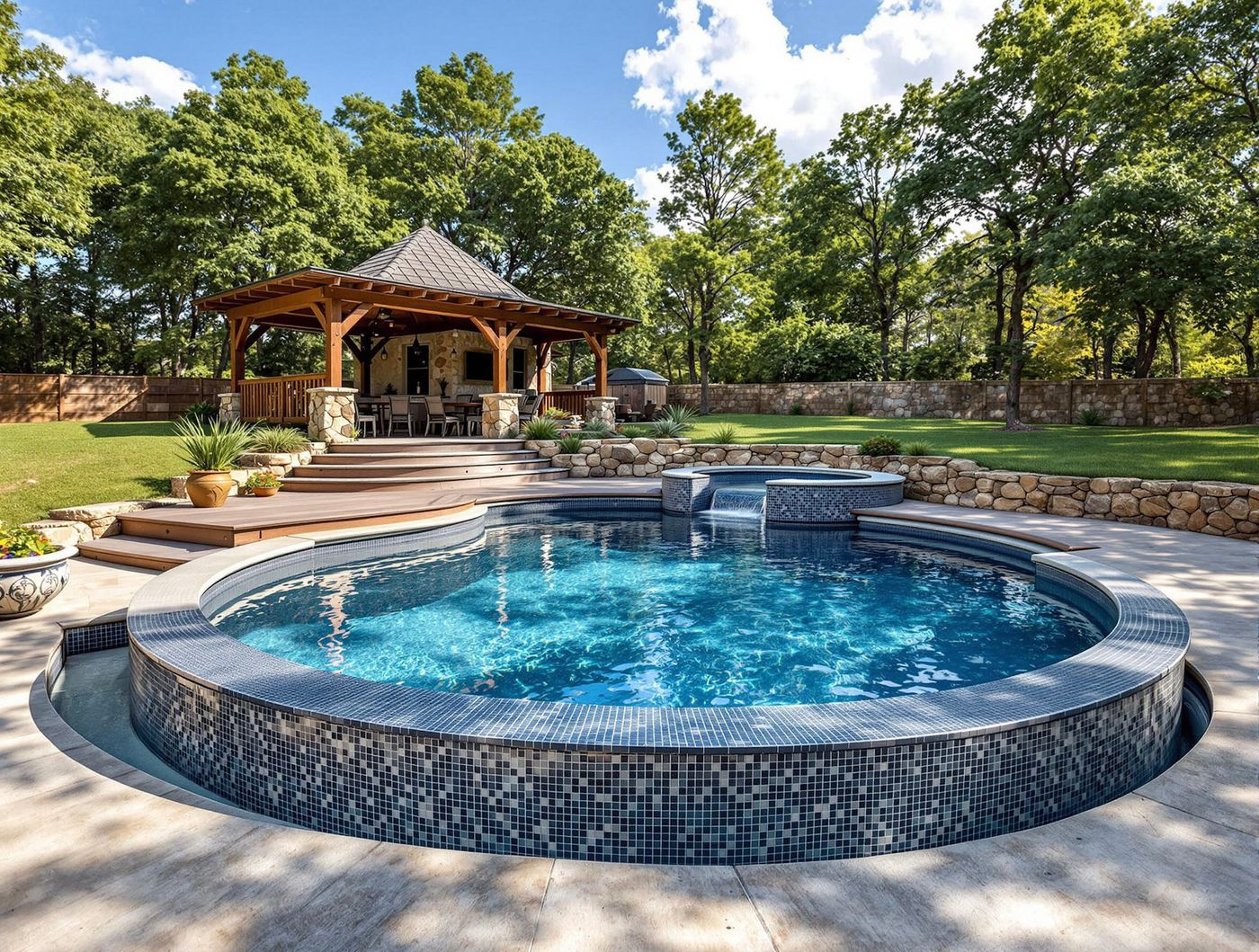 Round Mosaic Pool Beside Timber Pavilion