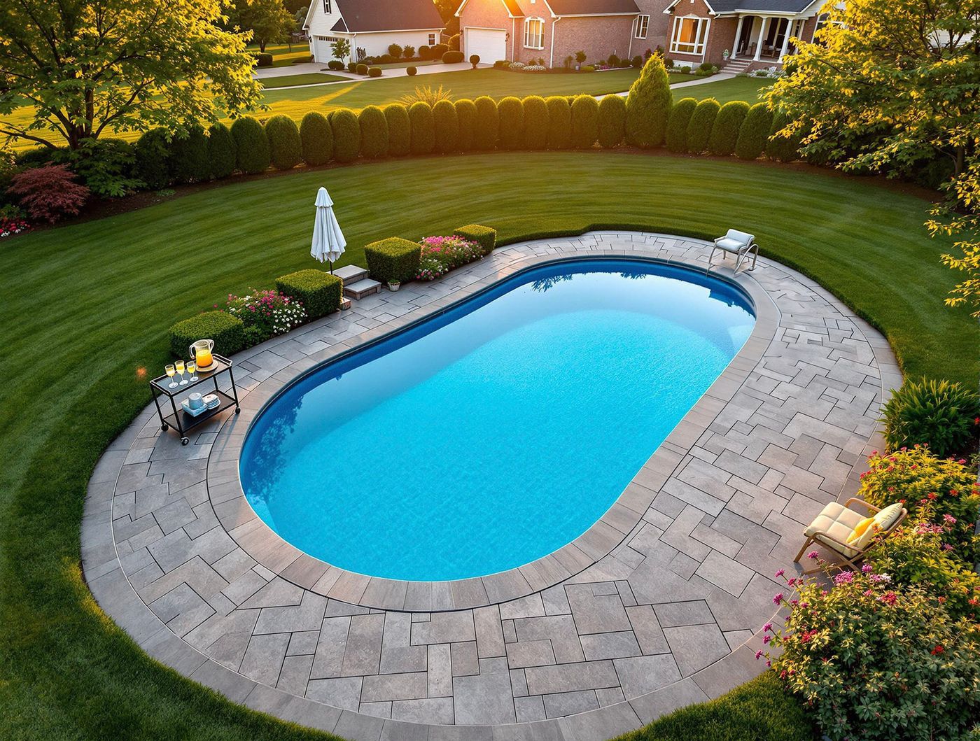 Oval Pool with Manicured Lawn Border