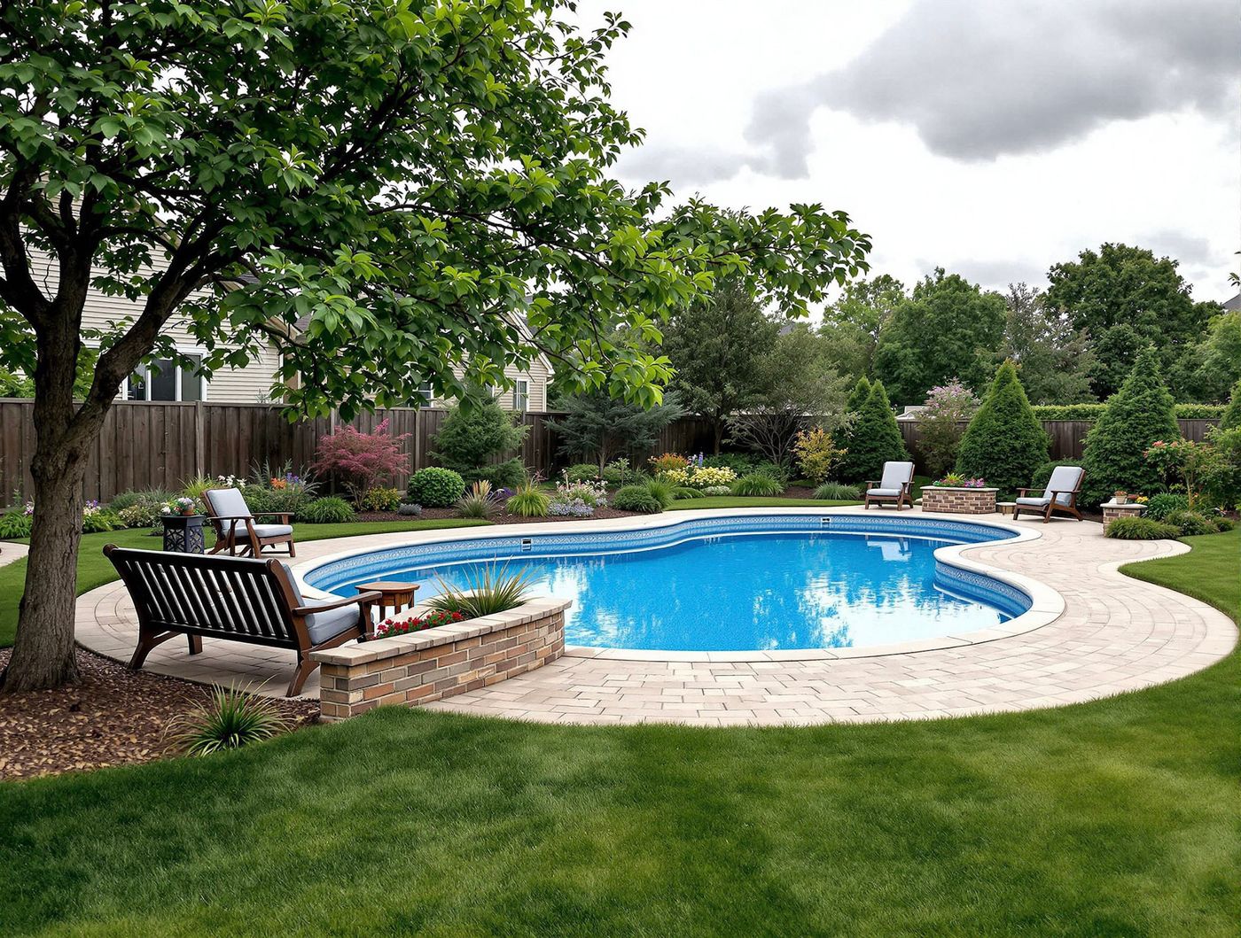 Kidney Pool with Brick Planter Bench