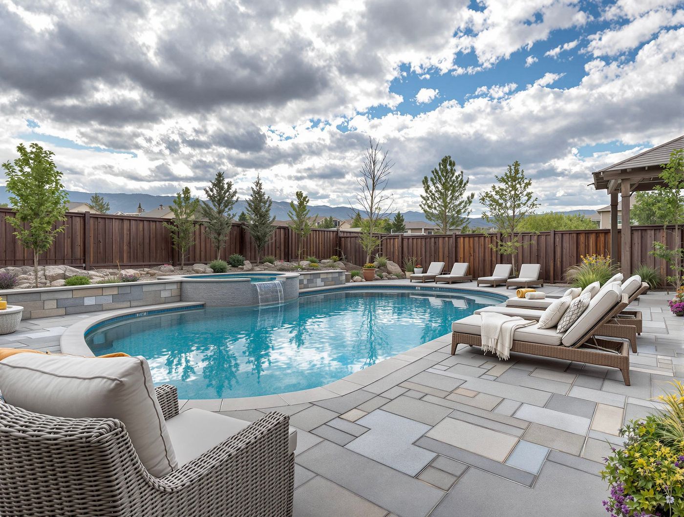 Freeform Pool with Mountain Backdrop and Loungers