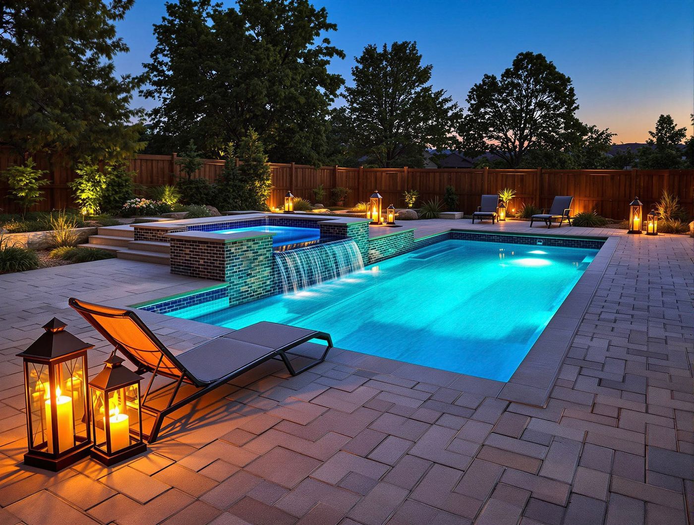Rectangular Pool Glowing Blue at Twilight
