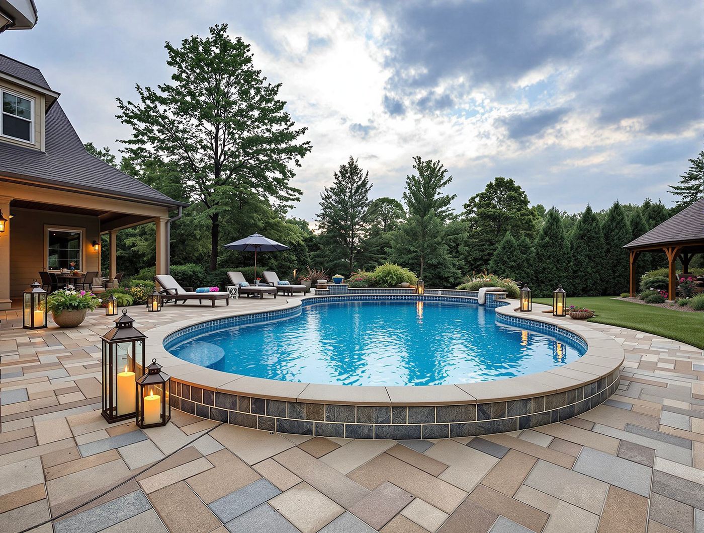 Curved Pool with Lantern-Lit Patio at Dusk