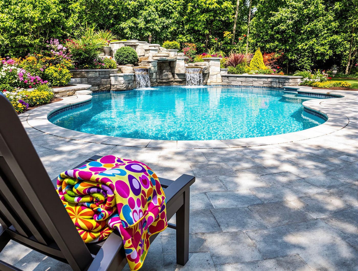 Round Pool with Layered Stone Waterfall