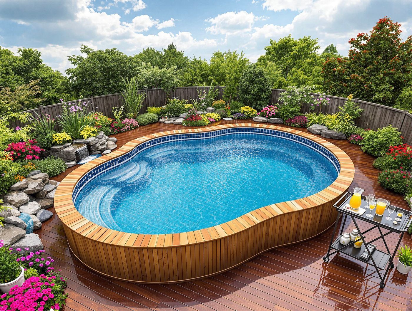 Wood-Wrapped Freeform Pool with Water Feature