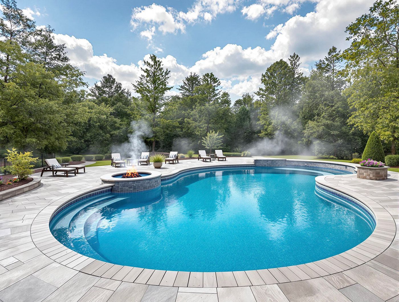 Freeform Pool with Misting Fire Pit