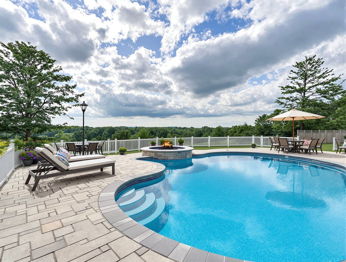 Curved Pool with Hilltop Lawn View