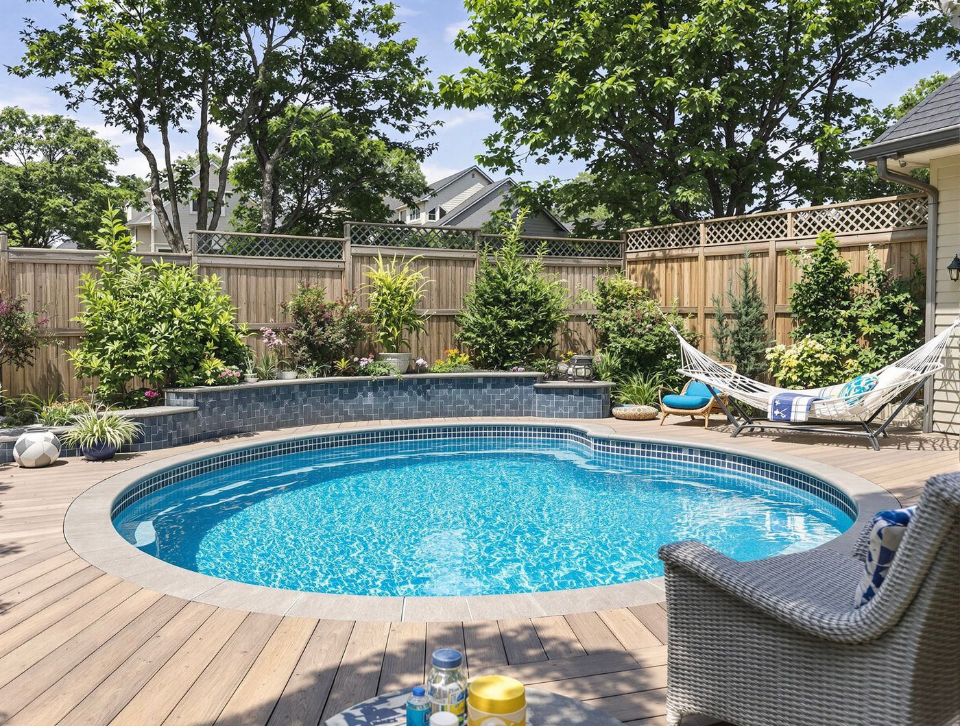 Round Pool with Lattice Fence and Hammock