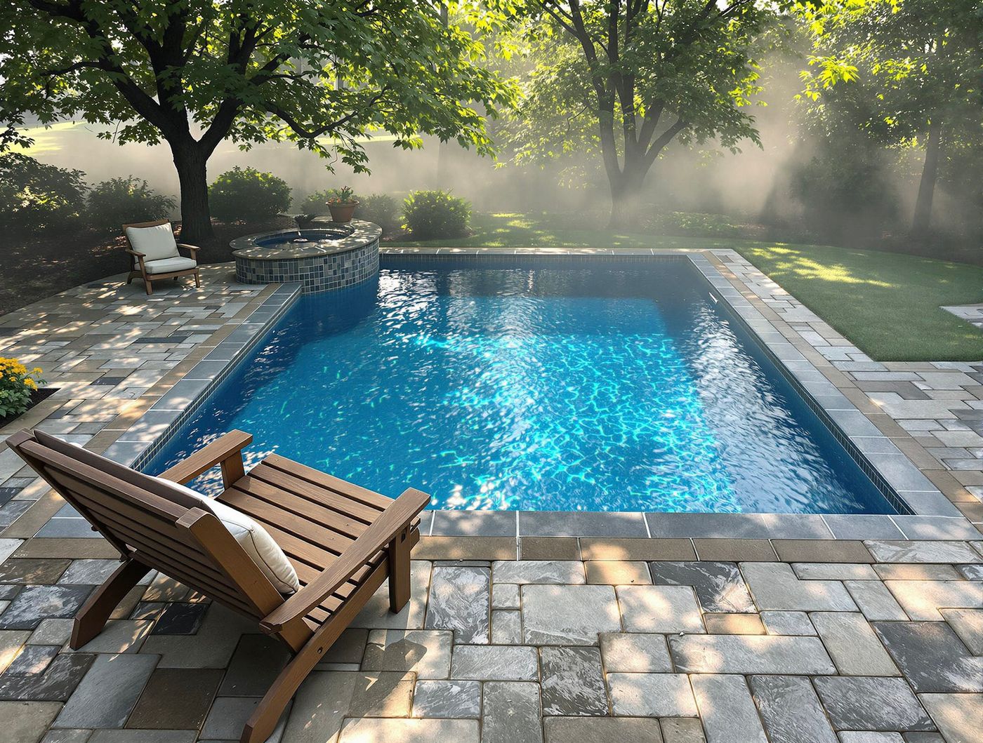 Shaded Rectangular Pool with Stone Spa