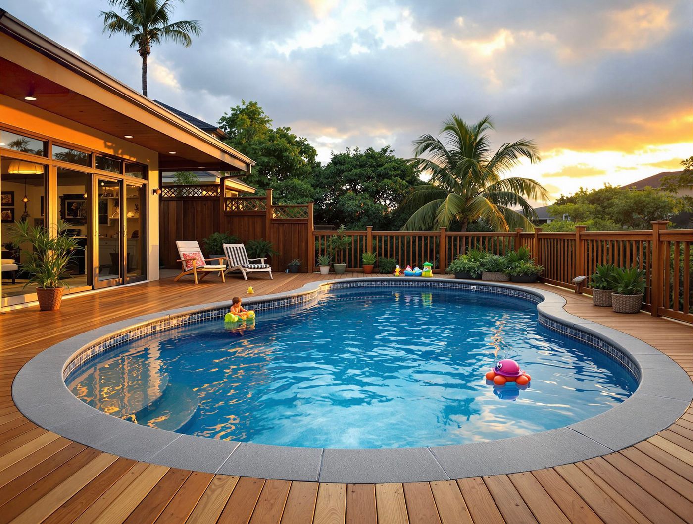 Kidney Pool with Wood Deck at Sunset
