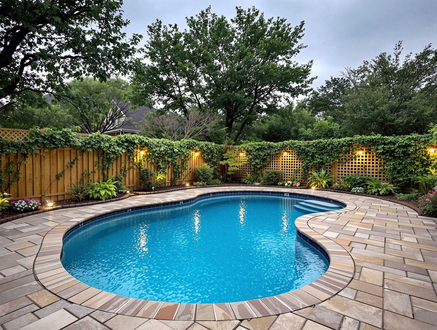 Freeform Pool with Ivy-Covered Fence