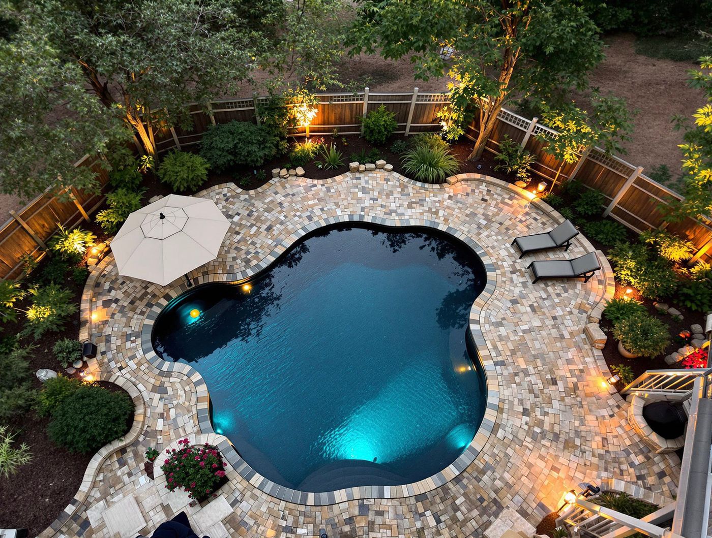 Aerial View of Curved Twilight Pool