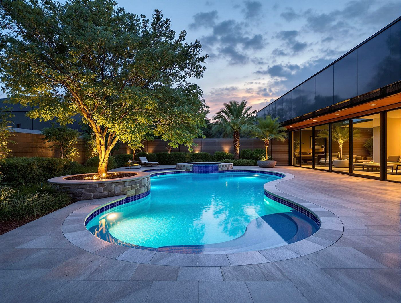 Modern Freeform Pool by Glass Facade