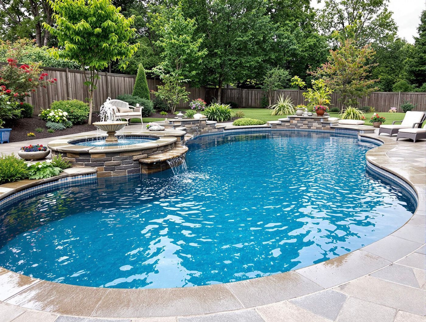 Freeform Pool with Fountain Spa Overflow