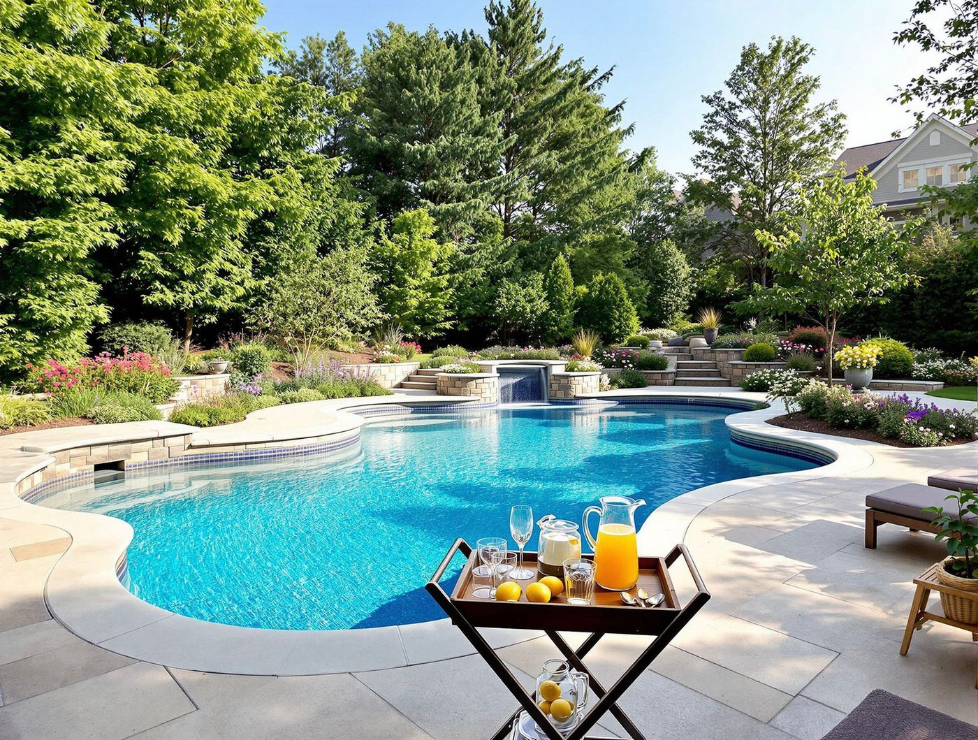 Freeform Pool with Terraced Stone Waterfall