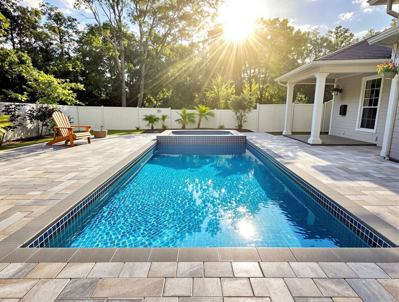 Sunlit Rectangular Pool with Raised Spa