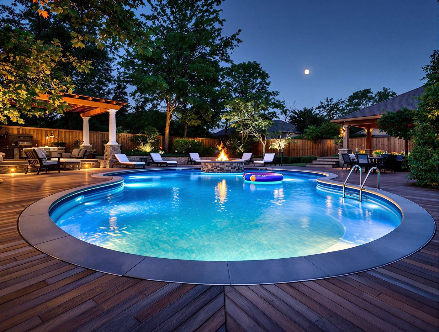 Round Pool with Deck Fire Pit at Night