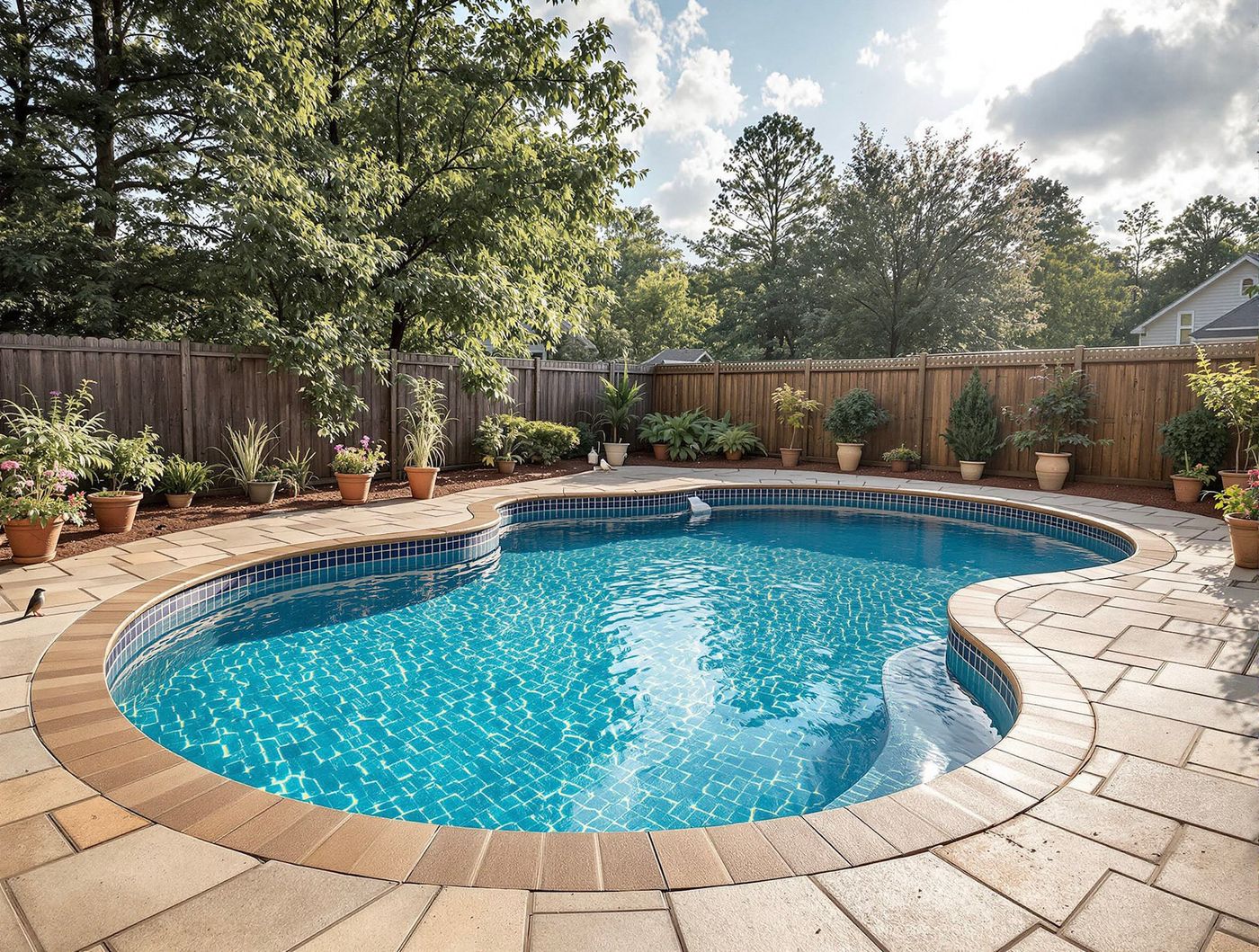Kidney Pool Lined with Potted Plants