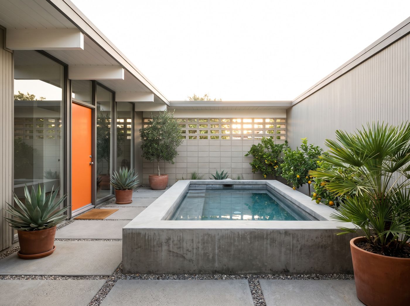 Concrete Plunge Pool in Mid-Century Courtyard