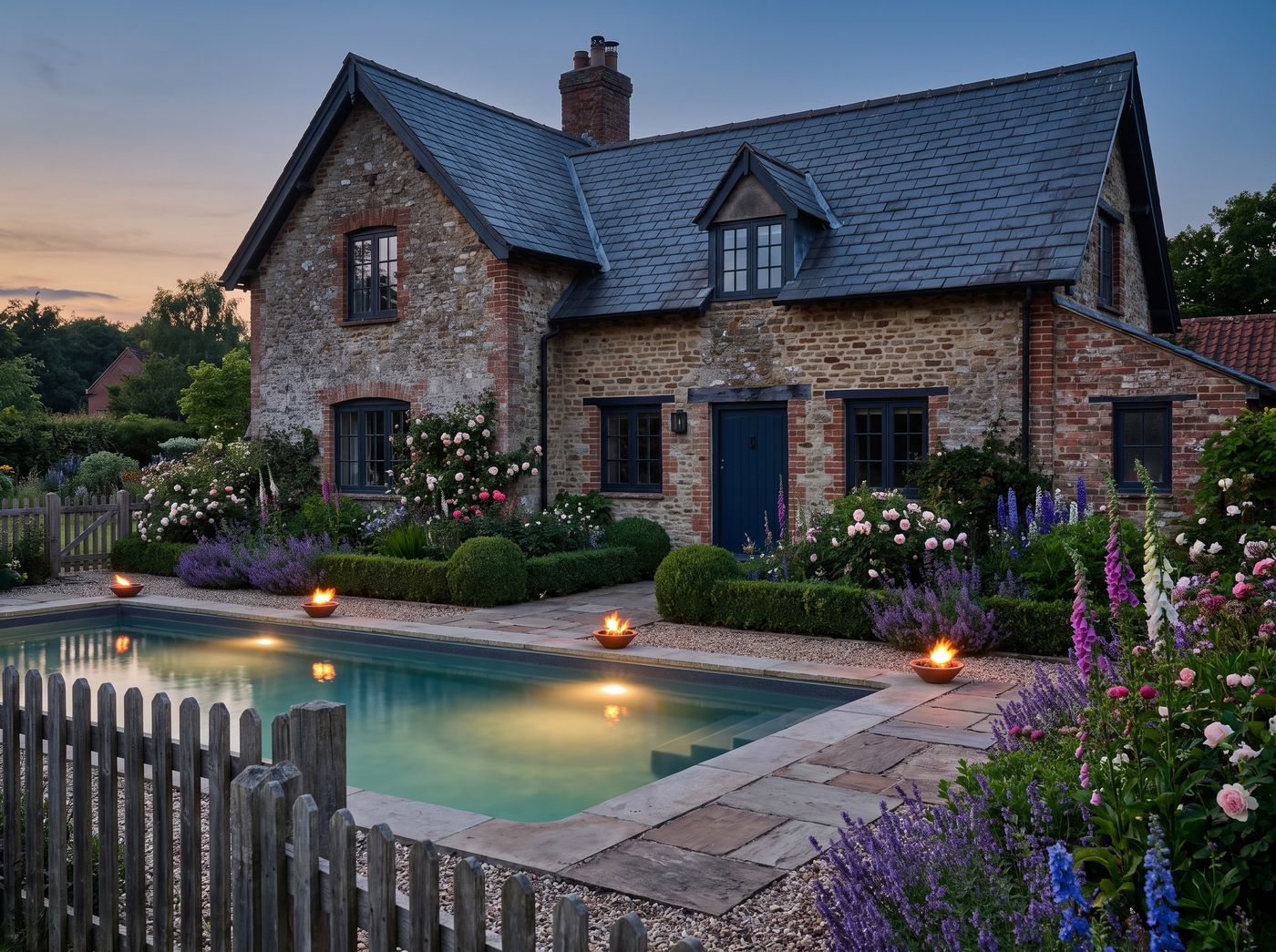 Cottage Pool Bordered by Fire Bowls