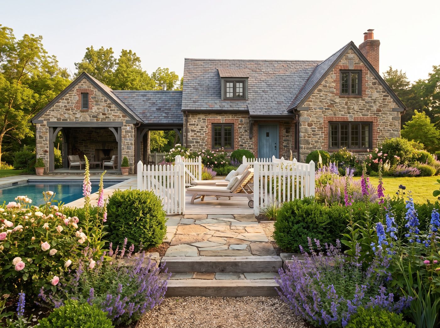 Cottage Pool Bordered by Picket Fence
