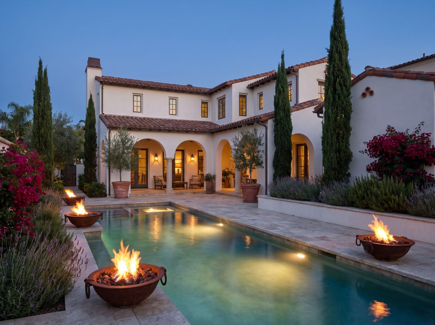 Courtyard Swimming Pool Bordered by Fire Bowls