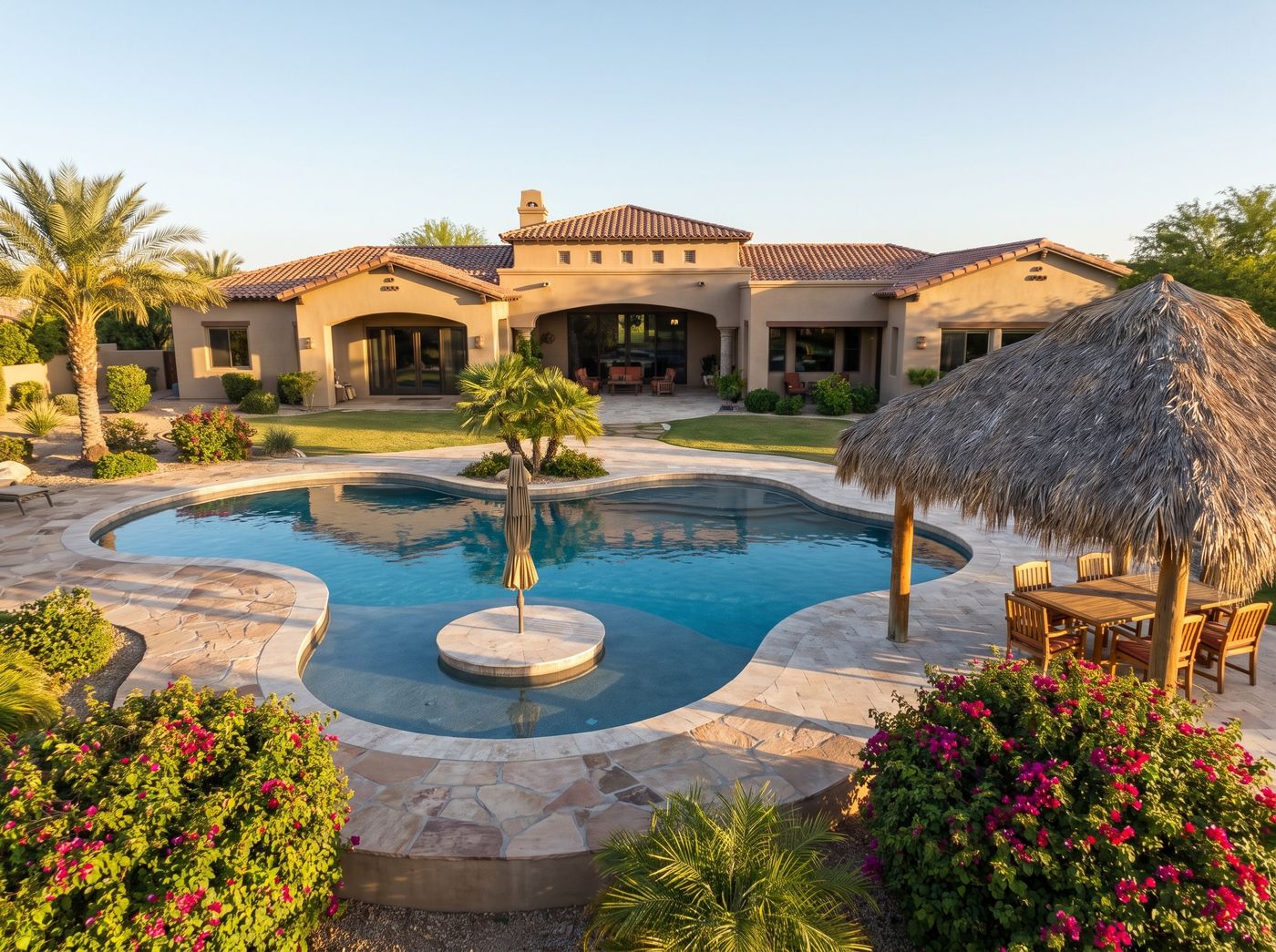 Curved Lagoon Pool Beside Thatched Palapa