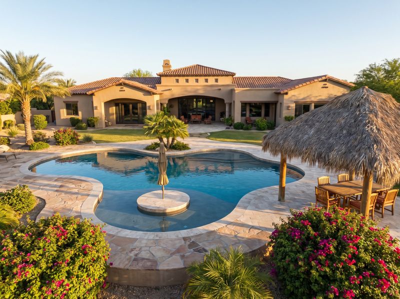 Curved Lagoon Pool Beside Thatched Palapa