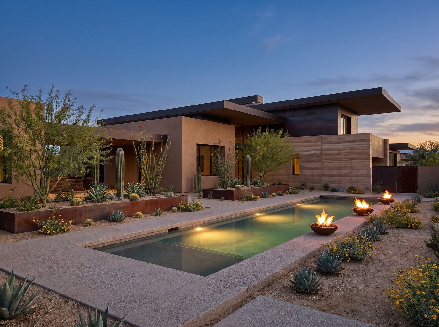 Desert Lap Pool Flanked by Fire Bowls