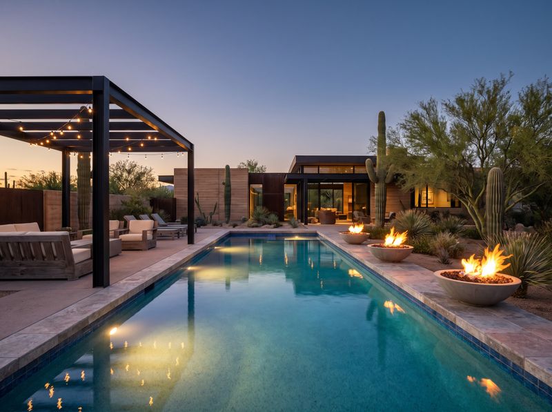 Desert Rectangular Pool with Fire Bowls