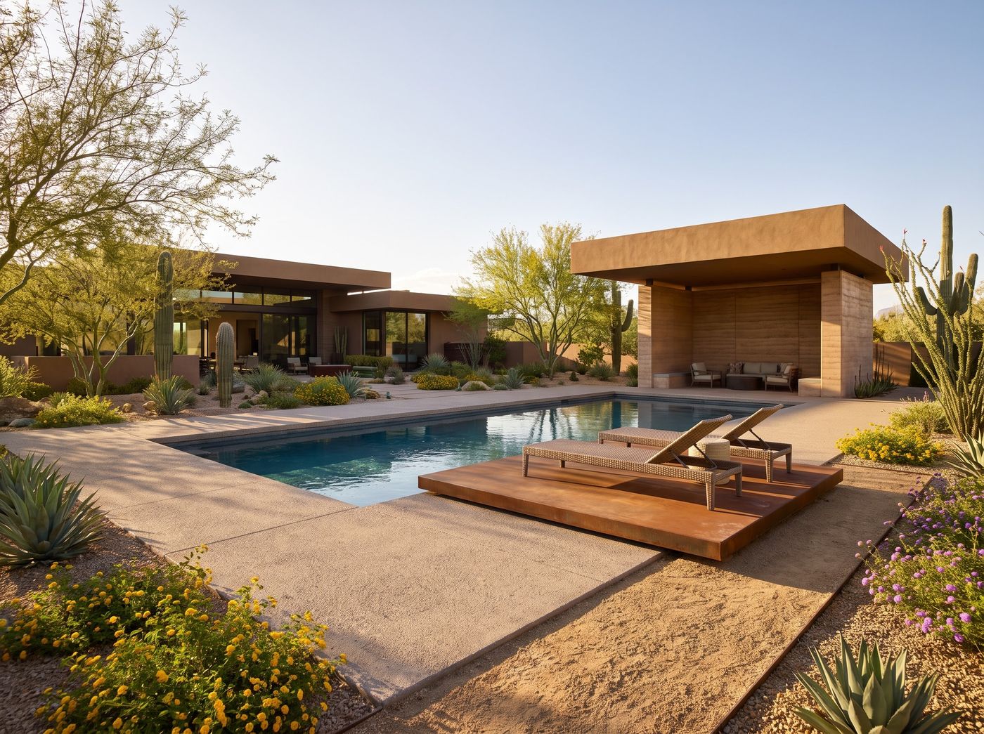 Desert Swimming Pool Beside Stucco Pavilion