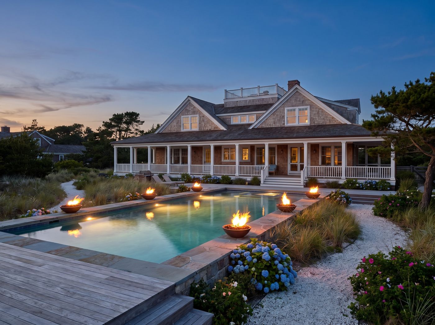 Fire Bowls Bordering a Coastal Pool