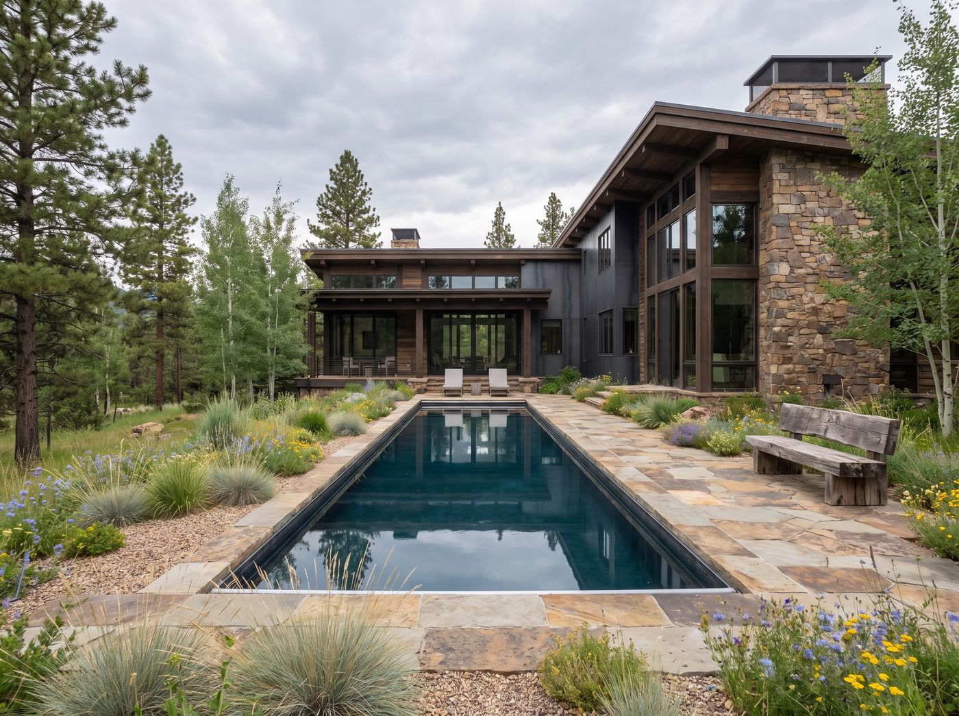 Flagstone Lap Pool Beside Mountain Home