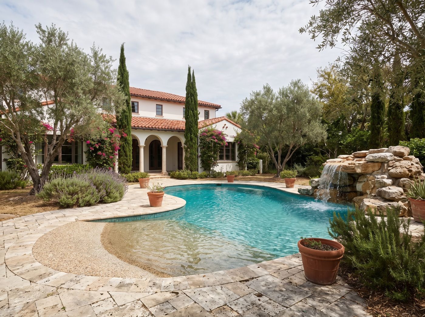 Freeform Pool with Beach Entry and Waterfall