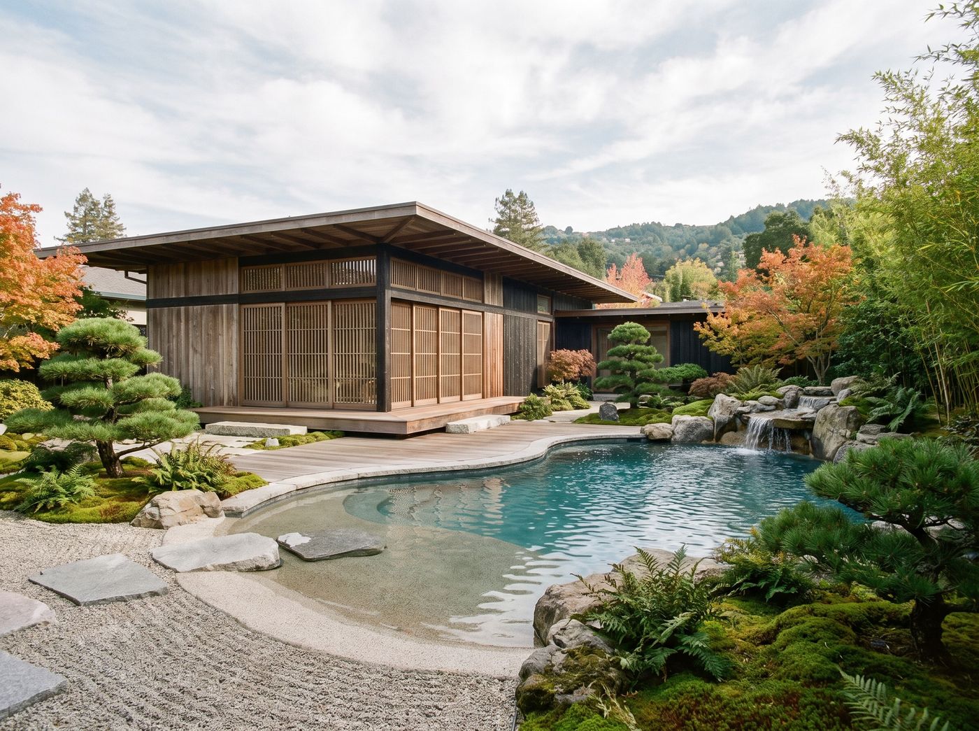 Freeform Pool with Beach Entry and Waterfall