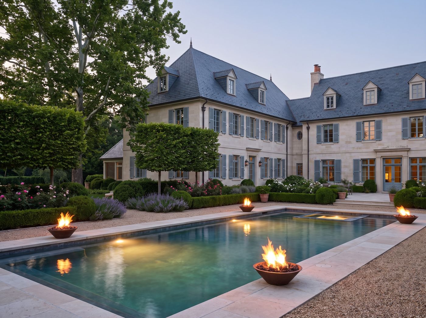 Limestone Pool Framed by Fire Bowls