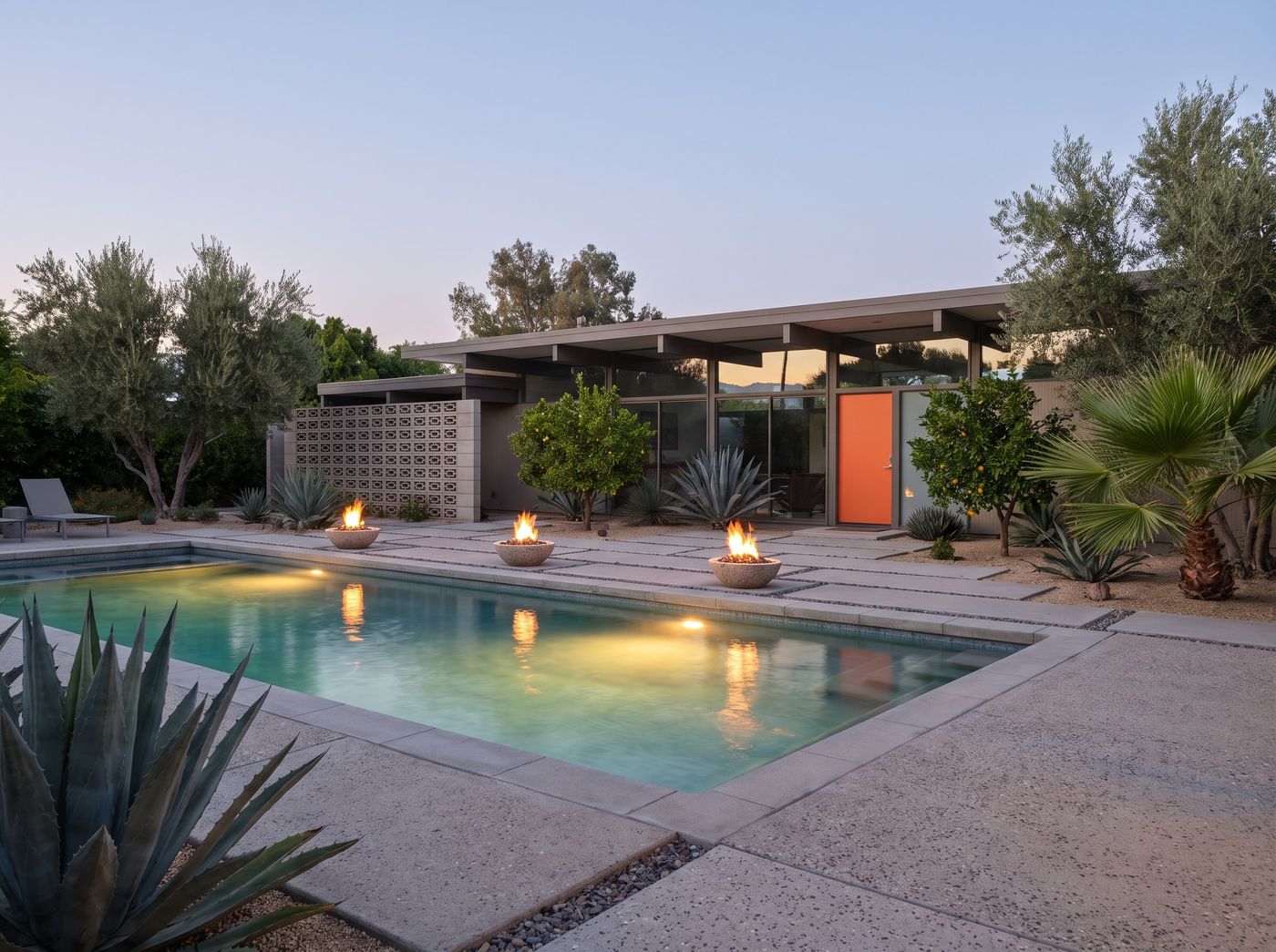 Mid-Century Pool Flanked by Fire Bowls