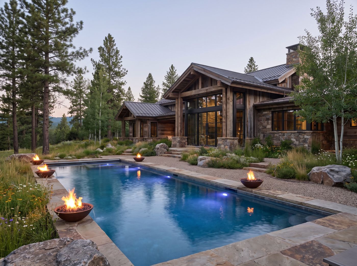 Mountain Pool Flanked by Fire Bowls