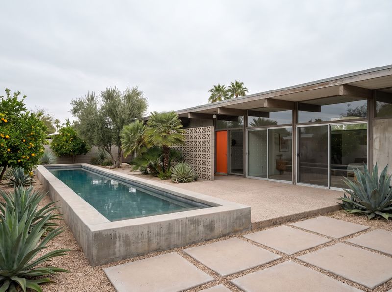 Raised Lap Pool Beside Breeze Block Wall