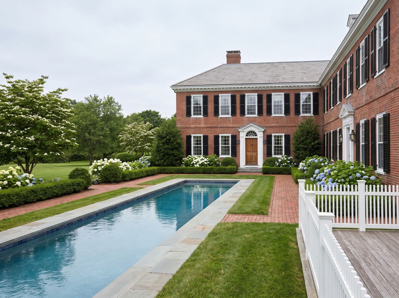 Rectangular Lap Pool Flanked by Brick Walkways