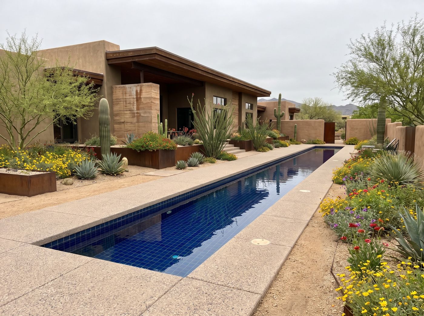 Rectangular Lap Pool Flanked by Desert Cacti