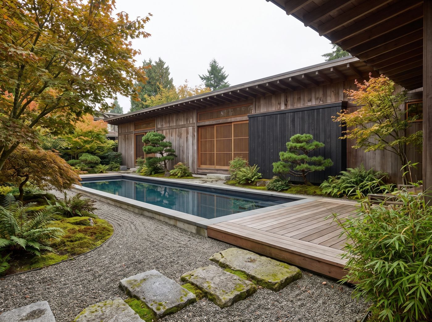 Rectangular Lap Pool in Japanese Courtyard